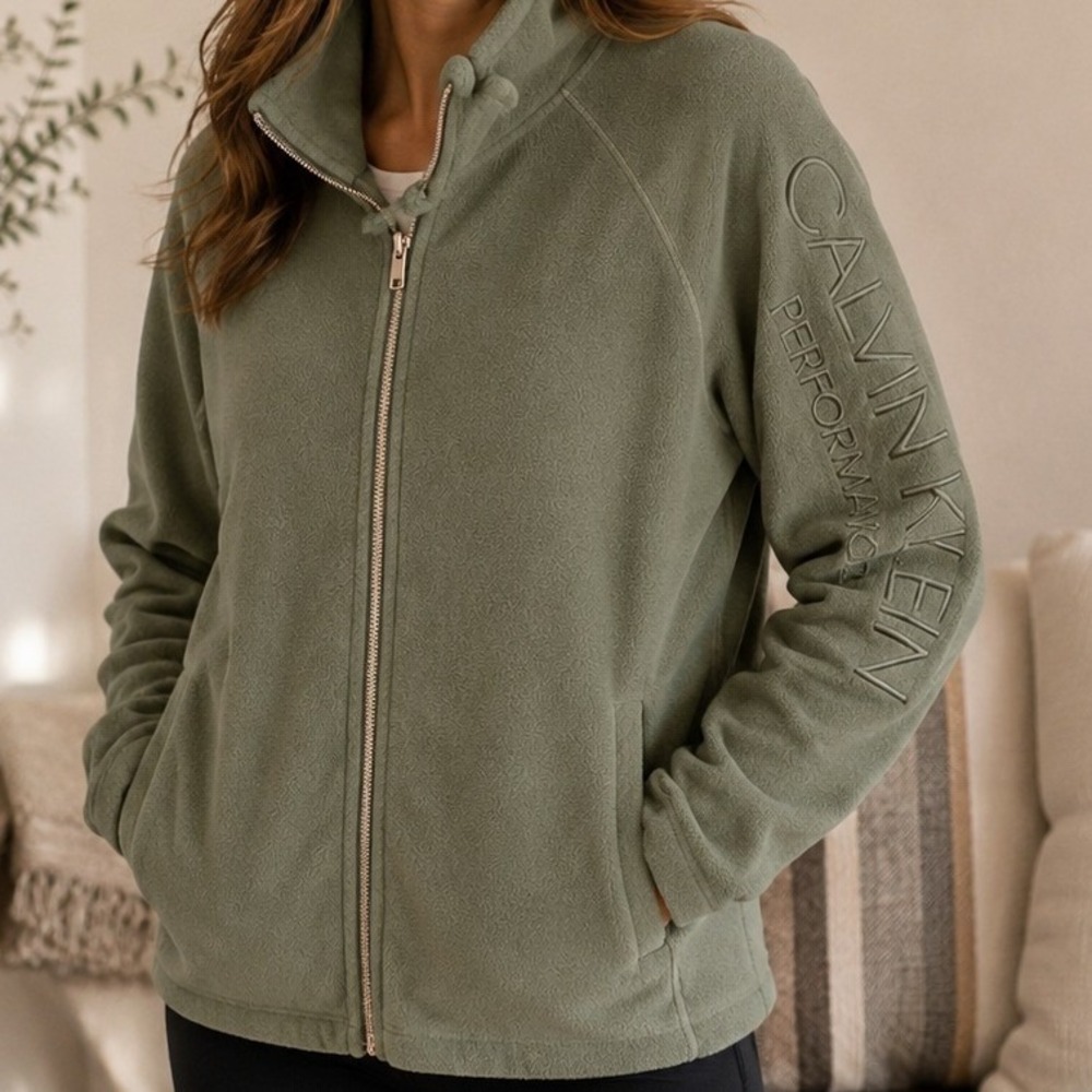 CK‎ Performance Fleece Jacket Womens Olive Green Full Zip Athleisure Cozy